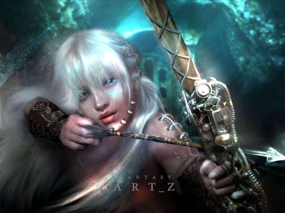 White-haired female archer with mechanical bow in fantasy setting