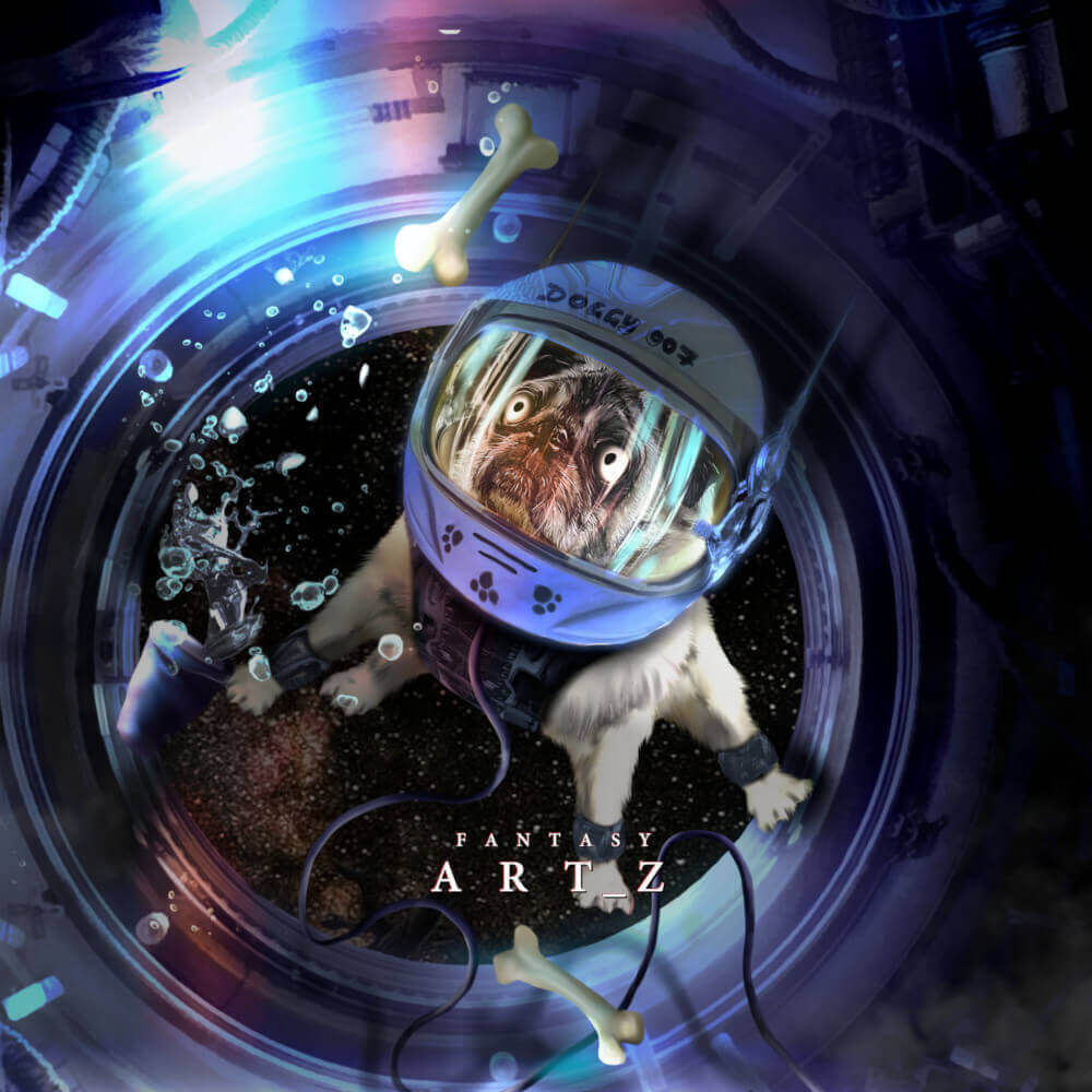 Dog in space wearing astronaut helmet floating inside spacecraft with bone and bubbles