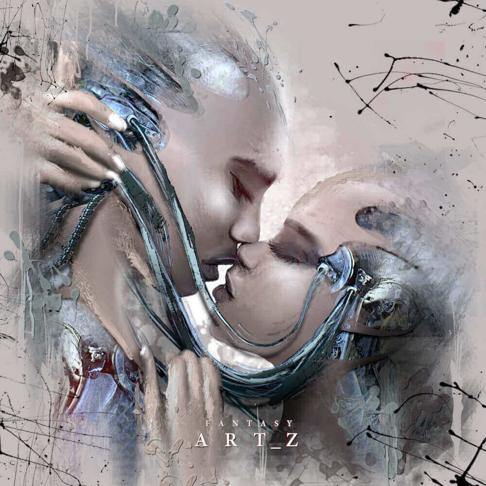 Two figures in intimate embrace with cybernetic cables and abstract paint splatters