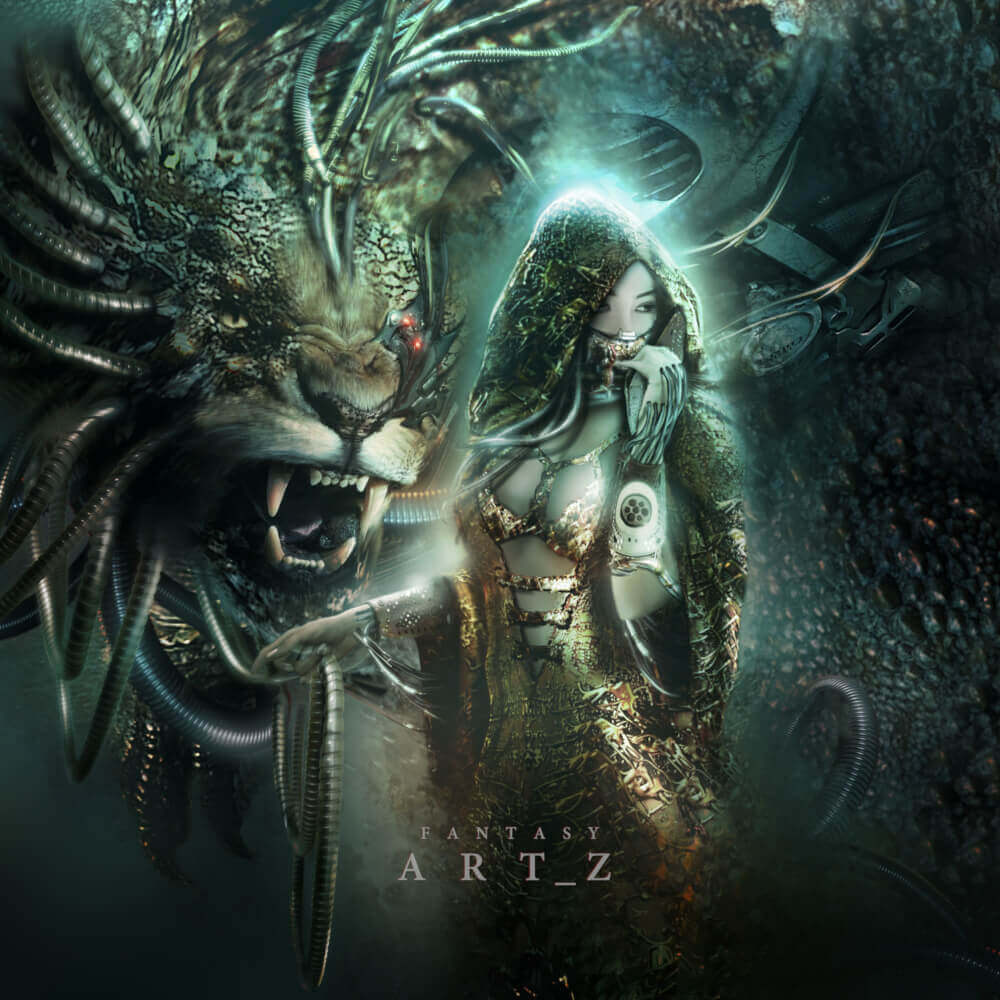 Sci-fi digital artwork depicting a mystical woman embracing a large dragon with glowing red eyes in a dark, atmospheric setting