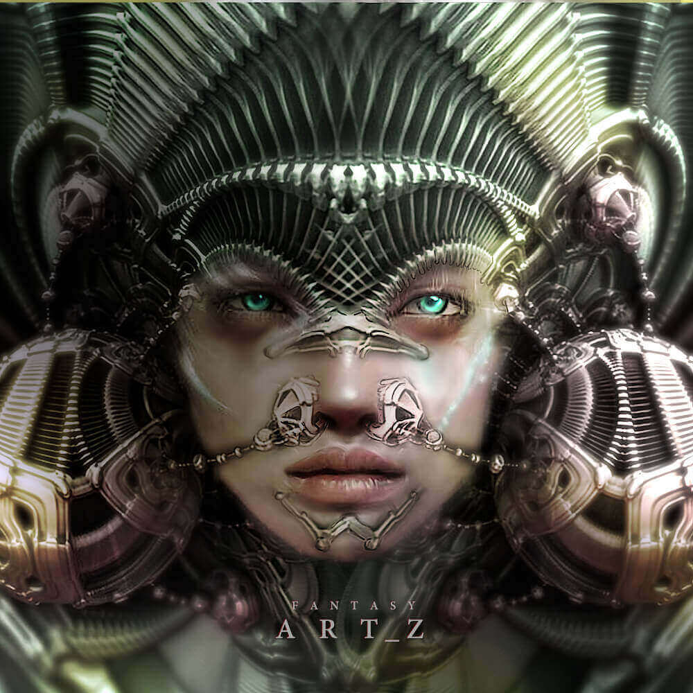 Woman with elaborate biomechanical headpiece and ornate facial modifications