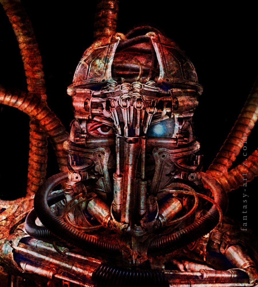 Dark sci-fi horror digital art of a rusted, biomechanical cyborg with one human eye and one glowing blue cybernetic eye, surrounded by industrial tubes and metallic wires.