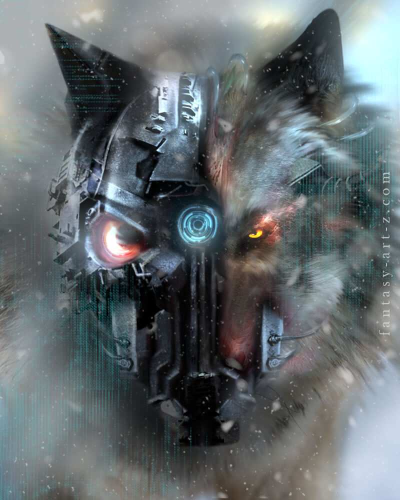 Wolf with cybernetic face augmentation and glowing red eye implant