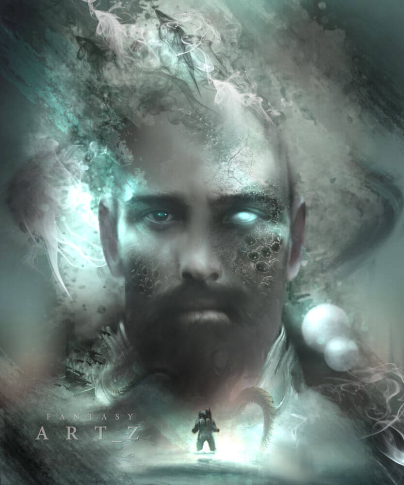 Digital art showing male face with luminous blue-green eyes surrounded by mystical energy