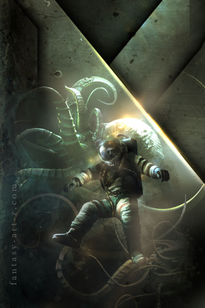 Underwater sci-fi scene showing a diver in futuristic suit encountering a large tentacled sea creature in dark ocean depths with bright light streaming down