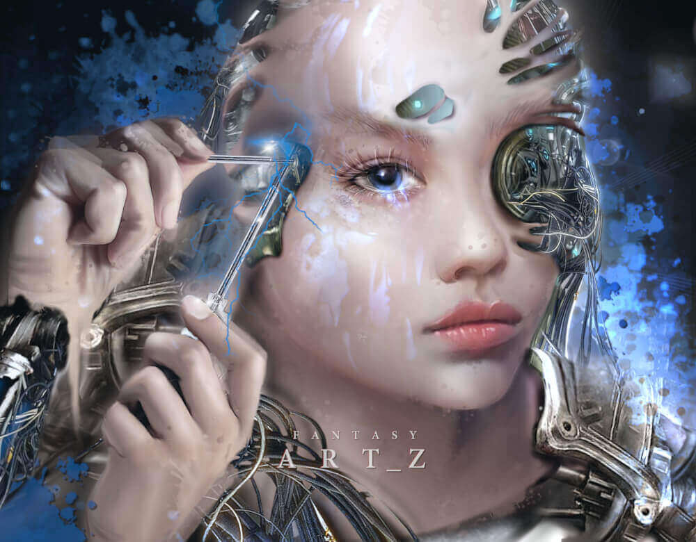 Young woman with cybernetic implants injecting herself with futuristic syringe device