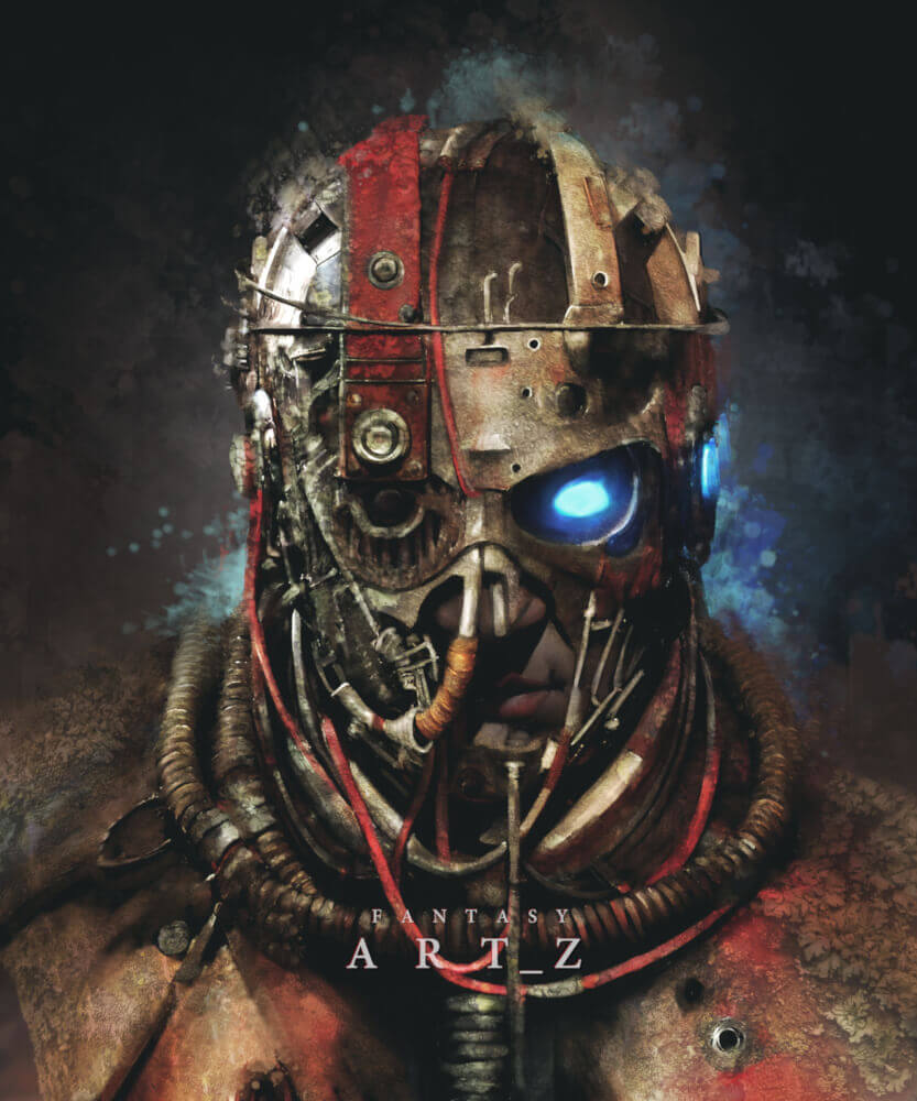 Post-apocalyptic cyborg warrior with weathered metal skull helmet, glowing blue eye, and breathing apparatus against a smoky battlefield background