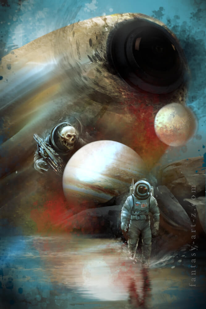 Surreal space scene with astronaut standing before planets and cosmic tunnel, with mysterious hooded skeletal figure looming in the cosmic background