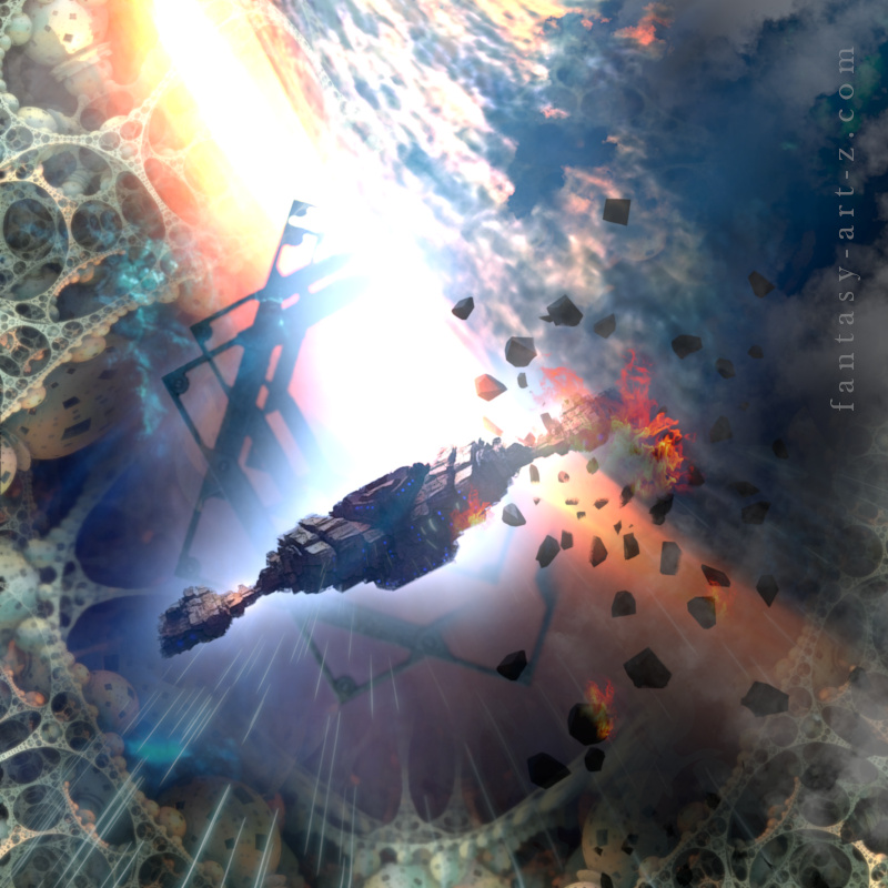 Sci-fi Space Illustration of a crashing spaceship in dramatic lighting