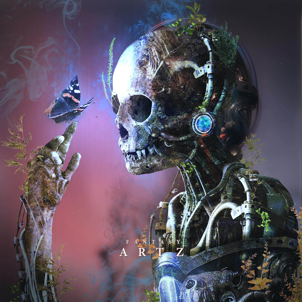 Futuristic cyborg skeleton with glowing blue eye, mechanical parts, and overgrown plants holding a butterfly.