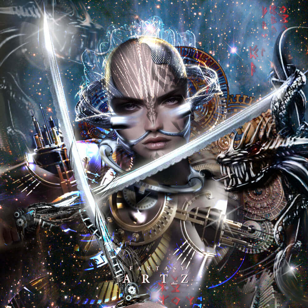 Cybernetic warrior with ornate mechanical armor wielding glowing sword in space