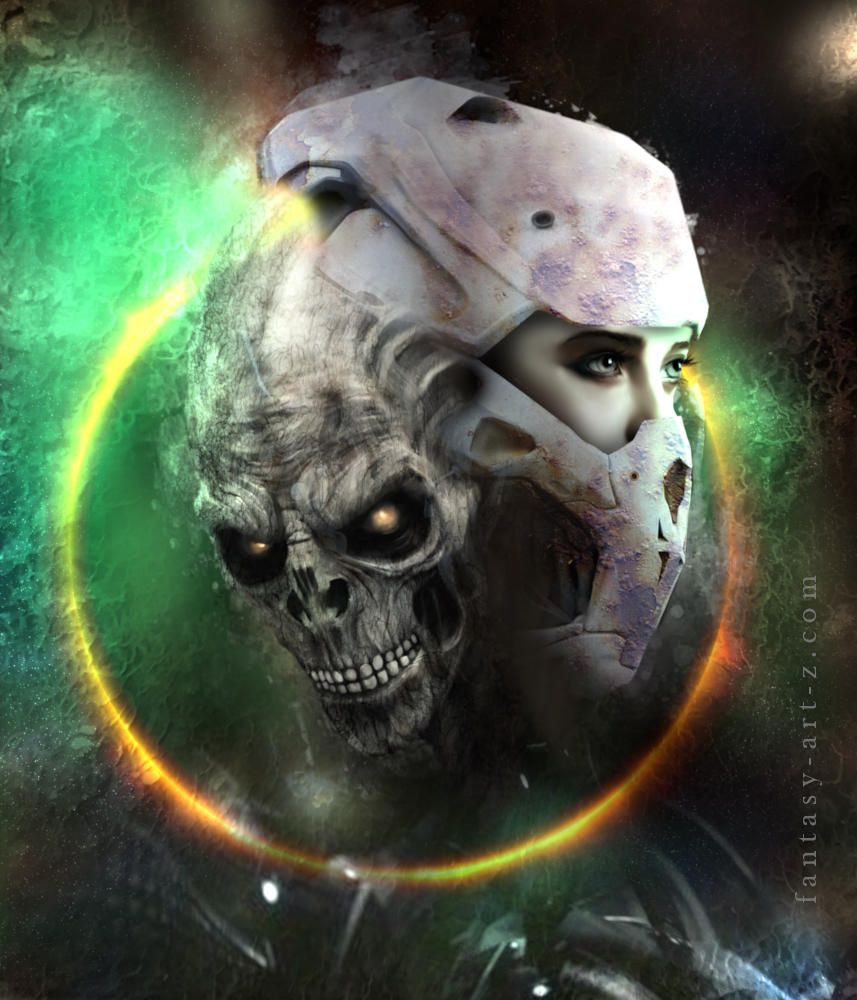 Surreal portrait showing a woman's face split with a skull, surrounded by a glowing circular halo against a cosmic nebula background