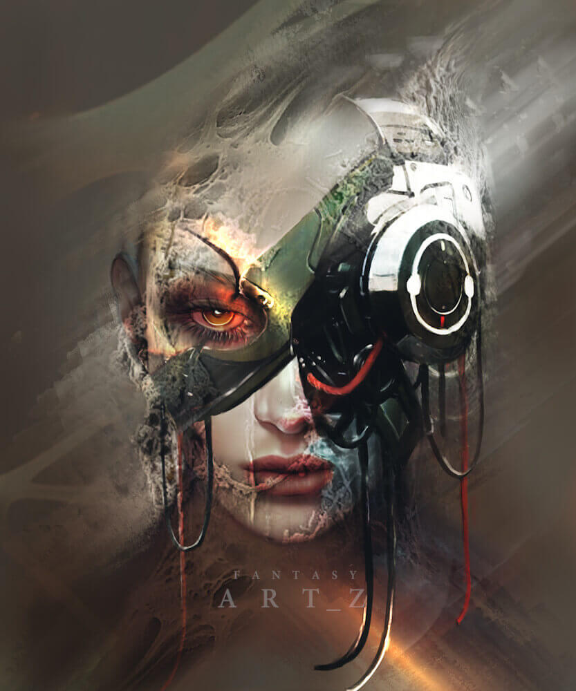Surreal digital artwork showing a split face with human eye on left and large mechanical/robotic eye on right, with cables and red liquid dripping